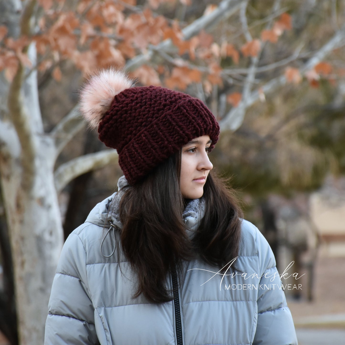 Woman's Chunky Knit Fold Over Brim Slouchy Hat with Faux Fur Pom Pom