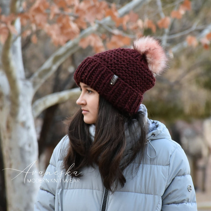 Woman's Chunky Knit Fold Over Brim Slouchy Hat with Faux Fur Pom Pom