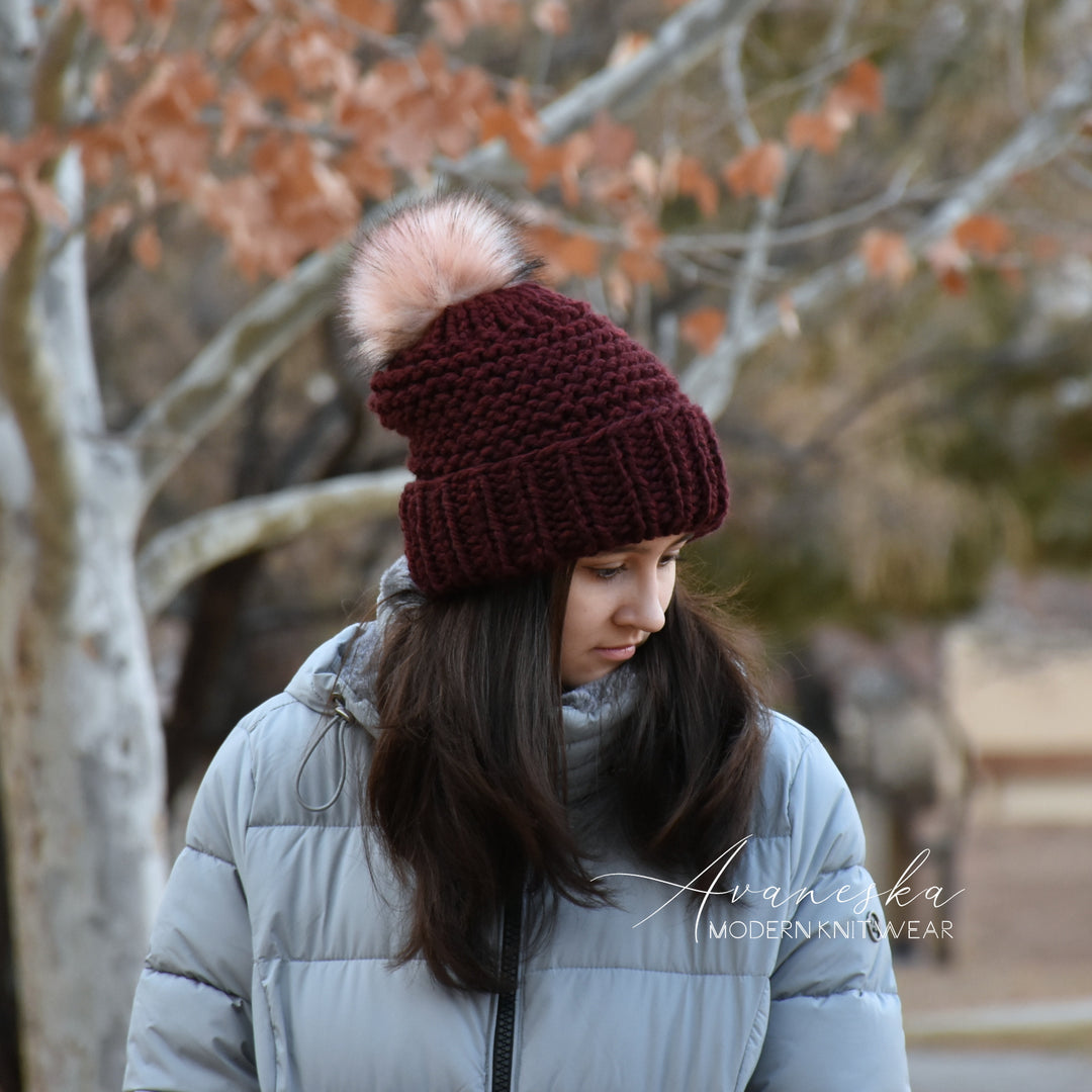 Woman's Chunky Knit Fold Over Brim Slouchy Hat with Faux Fur Pom Pom