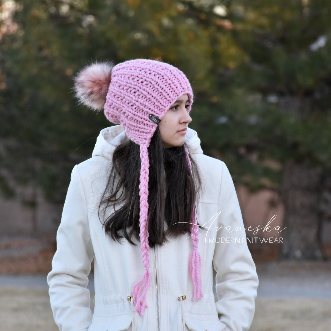 Knit Chunky Woolen Winter Bonnet Style Hat With Faux Fur Pom