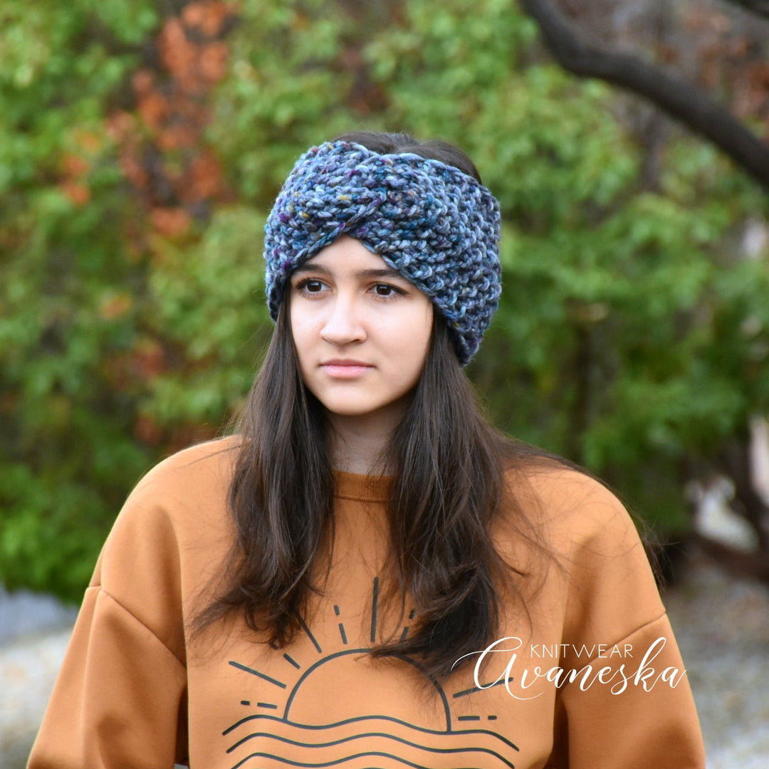 Blue gray hand knitted chunky ear warmer headband The Etah woolen winter women's