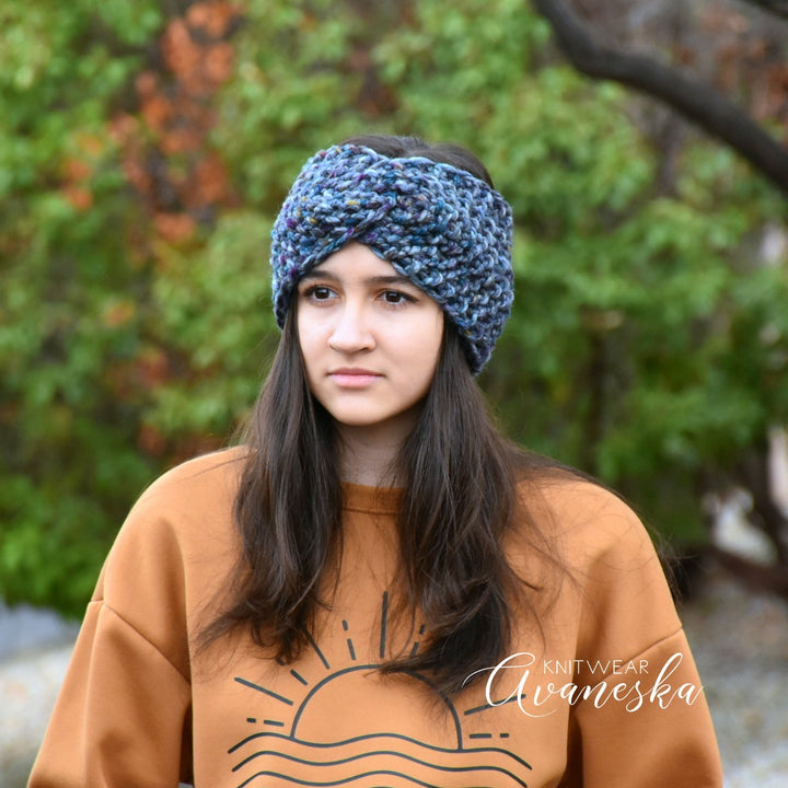 Blue gray hand knitted chunky ear warmer headband The Etah woolen winter women&
