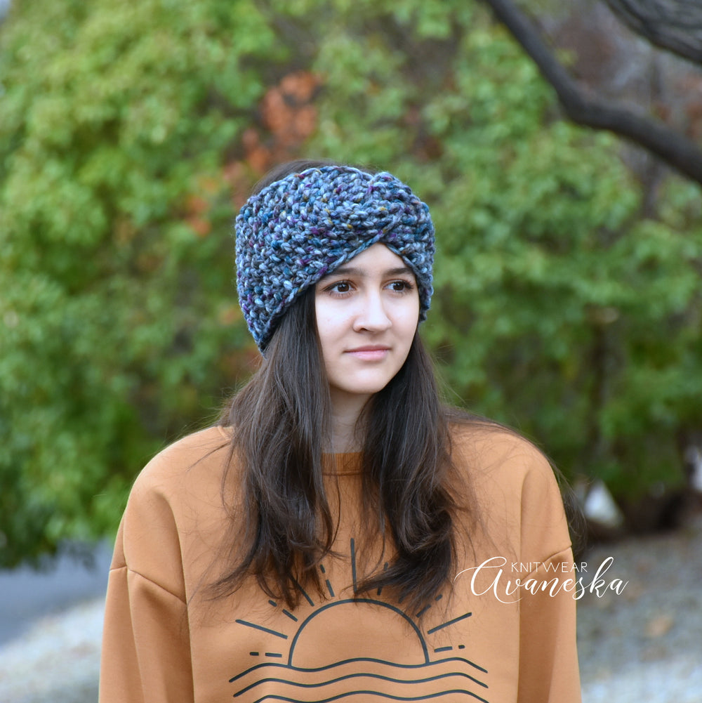Handmade blue gray crocheted ear muffs soft wool blend cozy fall ladies
