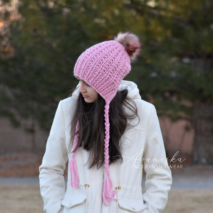 Knit Chunky Woolen Winter Bonnet Style Hat With Faux Fur Pom