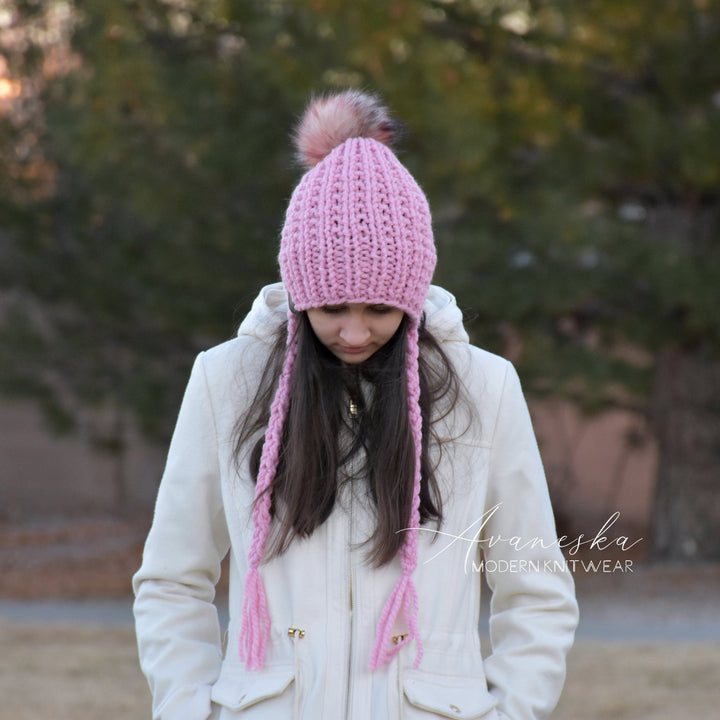 Knit Chunky Woolen Winter Bonnet Style Hat With Faux Fur Pom