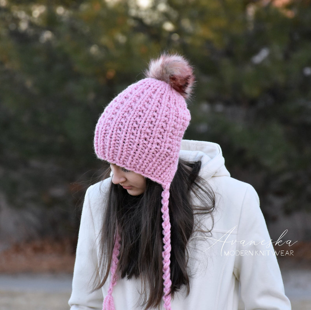 Knit Chunky Woolen Winter Bonnet Style Hat With Faux Fur Pom