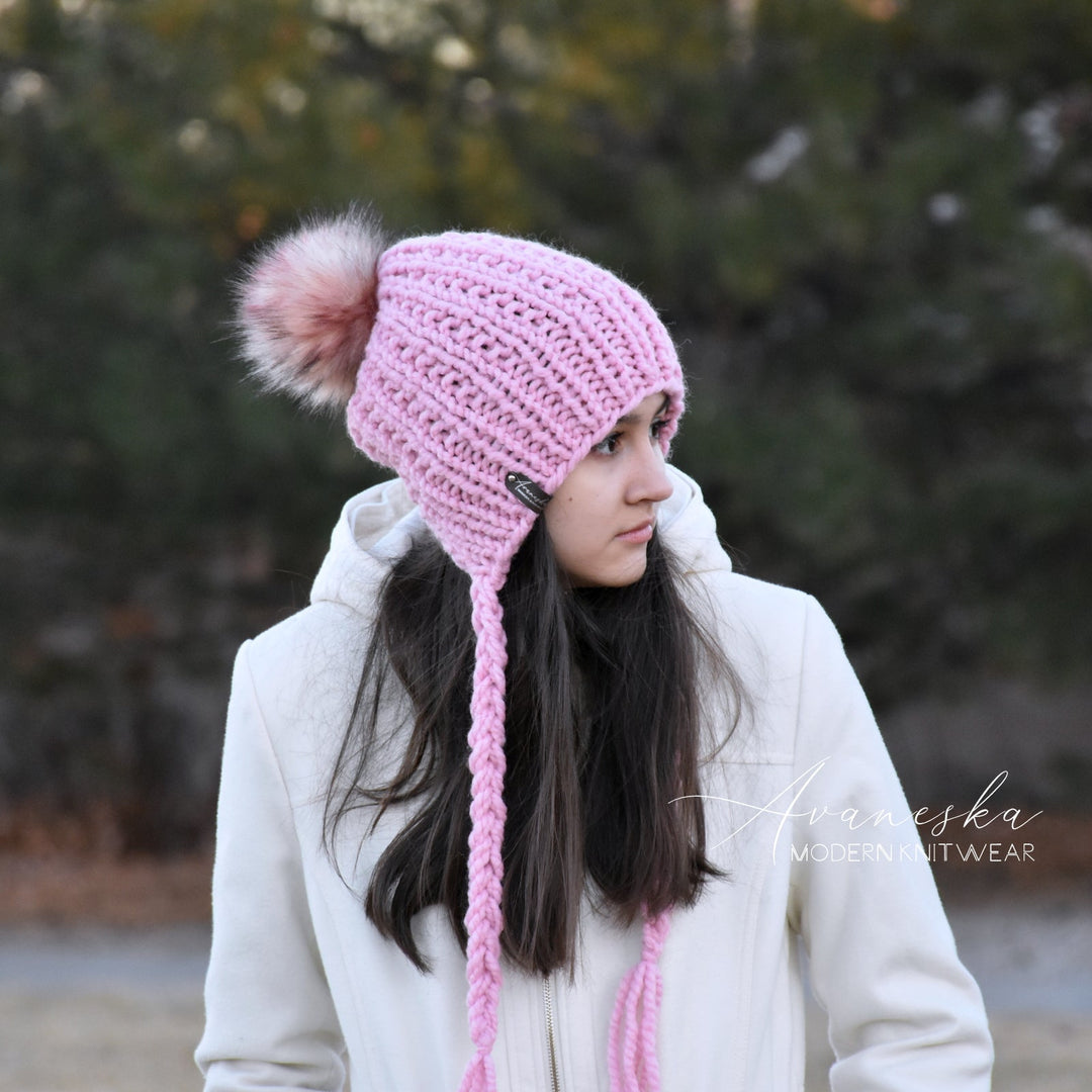 Knit Chunky Woolen Winter Bonnet Style Hat With Faux Fur Pom