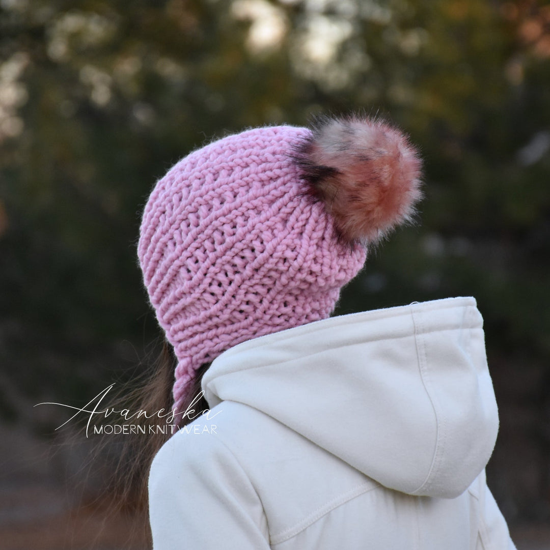 Knit Chunky Woolen Winter Bonnet Style Hat With Faux Fur Pom