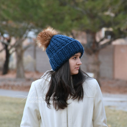 Woman's Knit Chunky Fold Over Brim Hat with Faux Fur Pom Pom