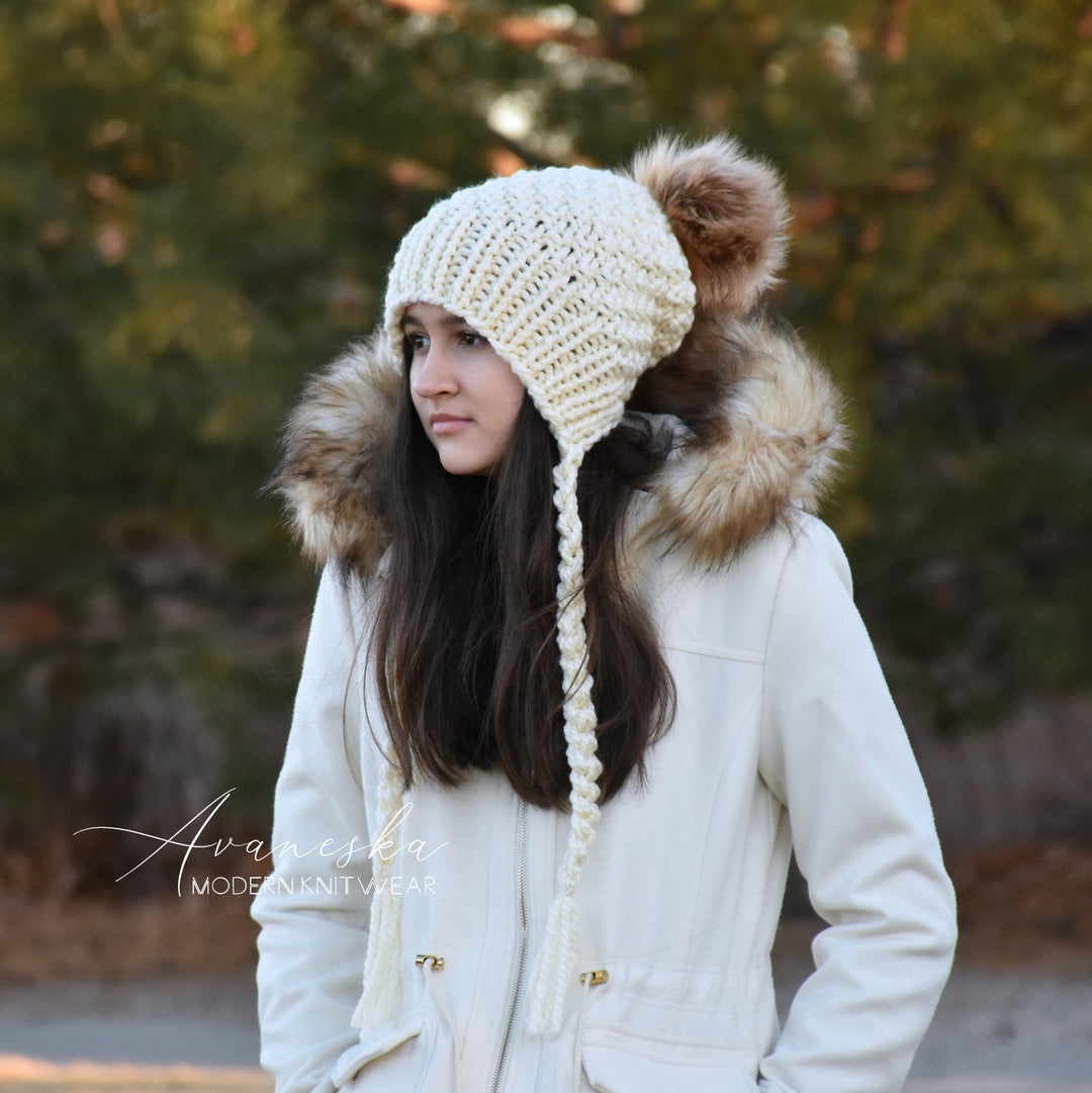 Knit Chunky Woolen Winter Bonnet Style Hat With Faux Fur Pom