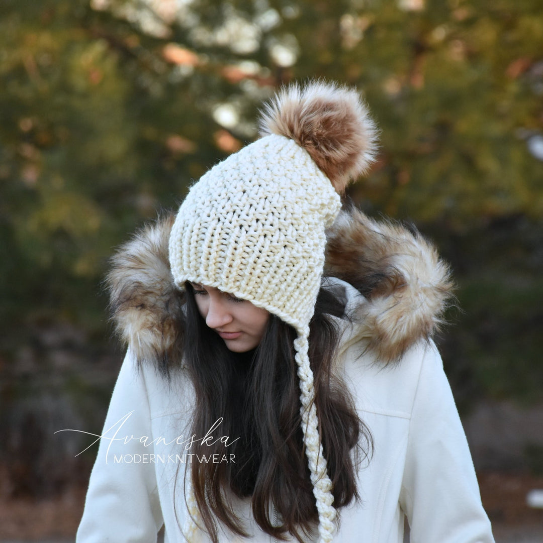 Knit Chunky Woolen Winter Bonnet Style Hat With Faux Fur Pom