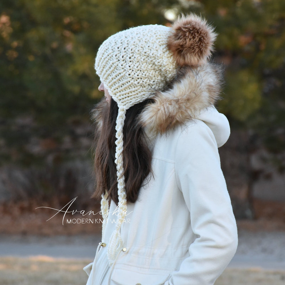 Knit Chunky Woolen Winter Bonnet Style Hat With Faux Fur Pom