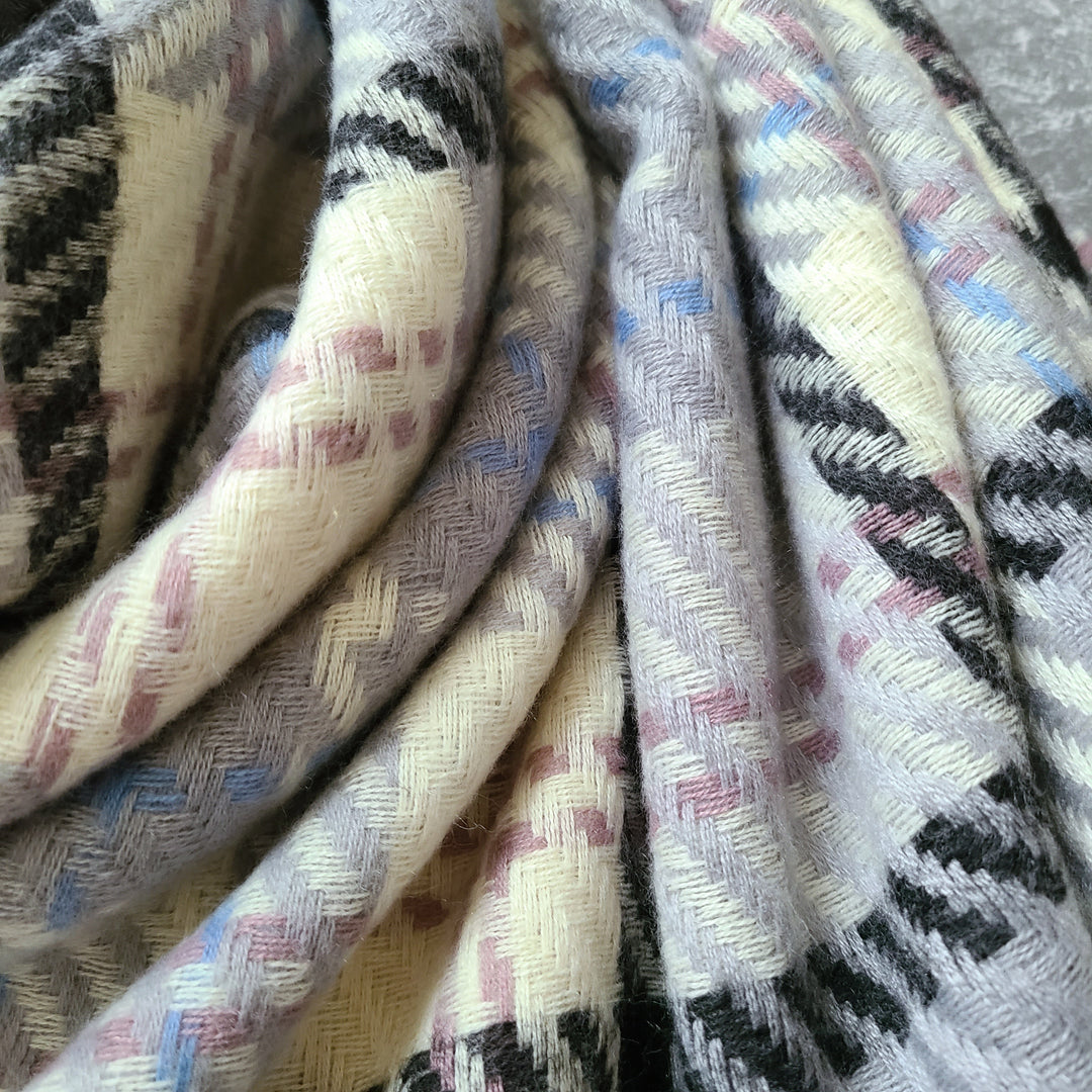 Gray & Beige Plaid Fringed Scarf