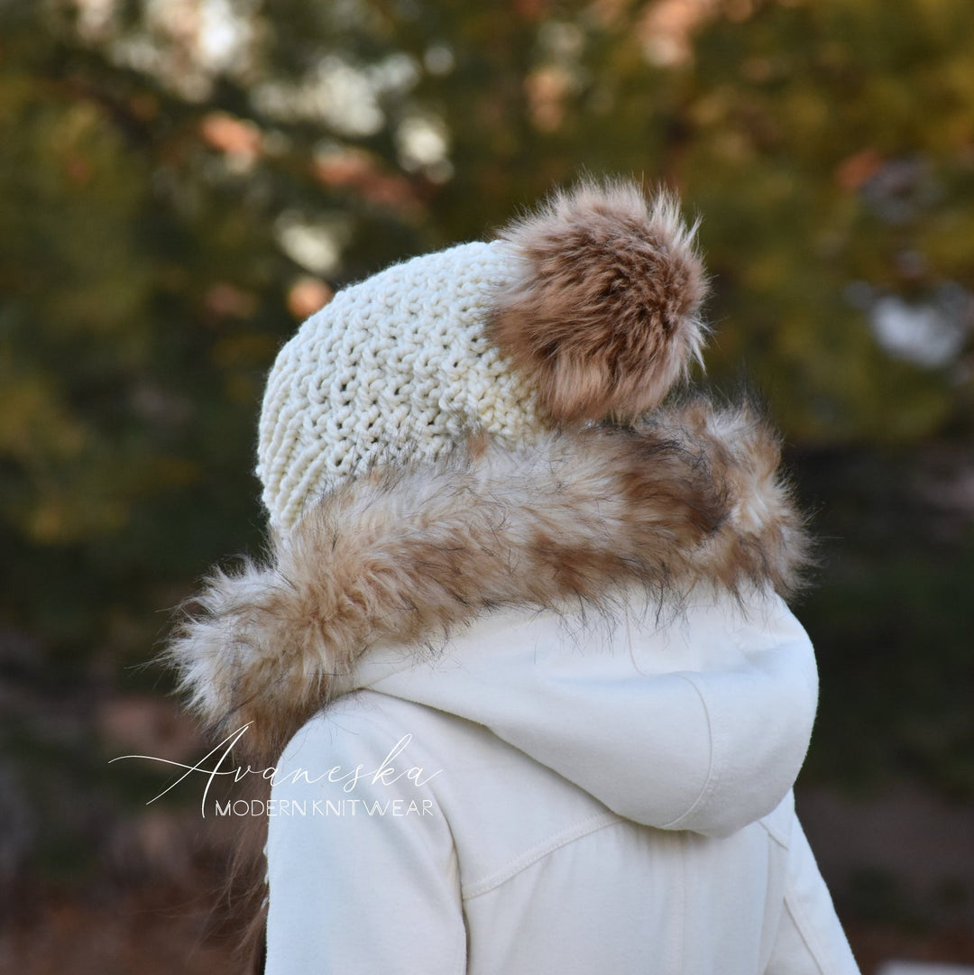 Knit Chunky Woolen Winter Bonnet Style Hat With Faux Fur Pom