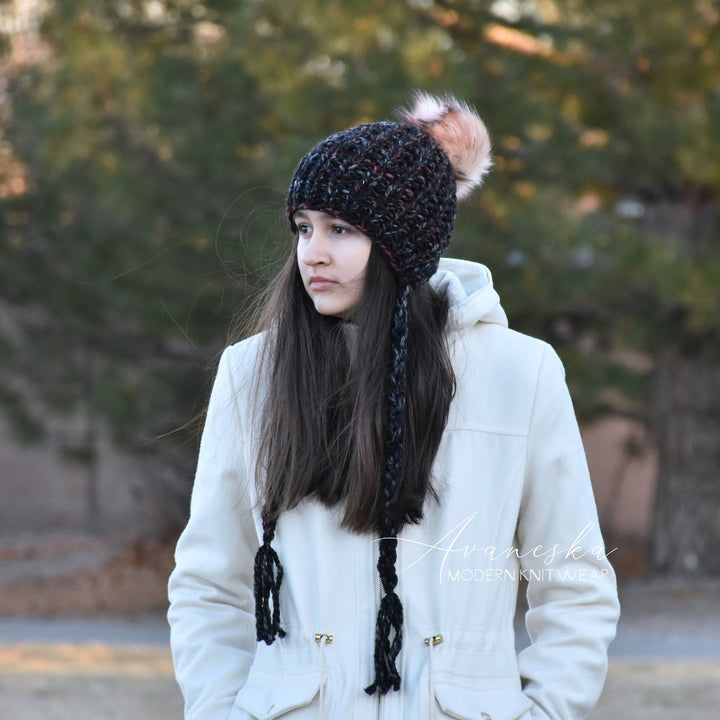 Knit Chunky Woolen Winter Bonnet Style Hat With Faux Fur Pom