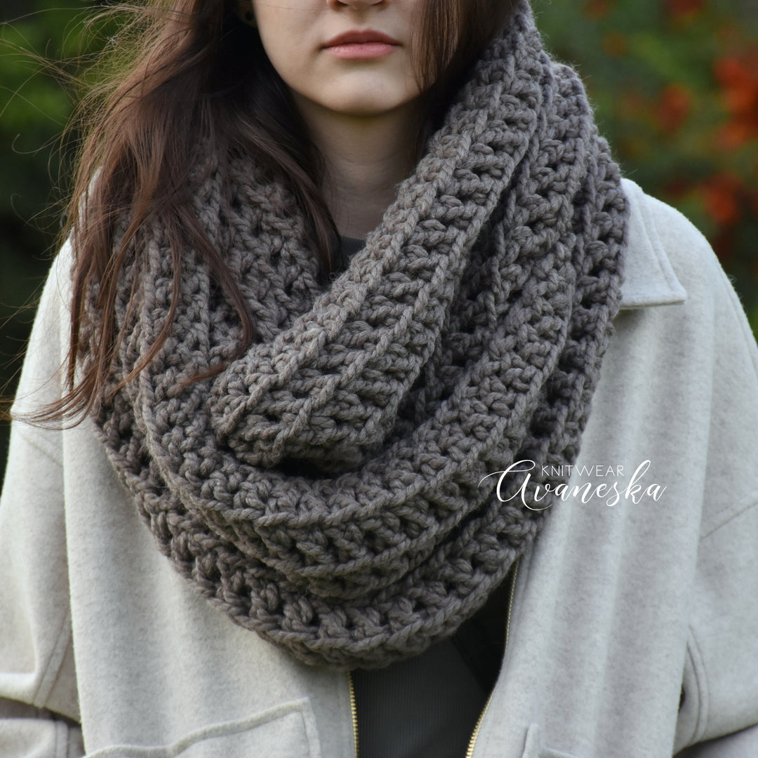 Handmade chunky large snood infinity scarf with a cozy knit texture unisex
