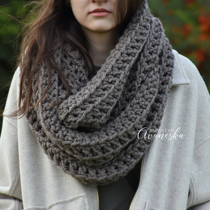 Handmade chunky large snood infinity scarf with a cozy knit texture unisex