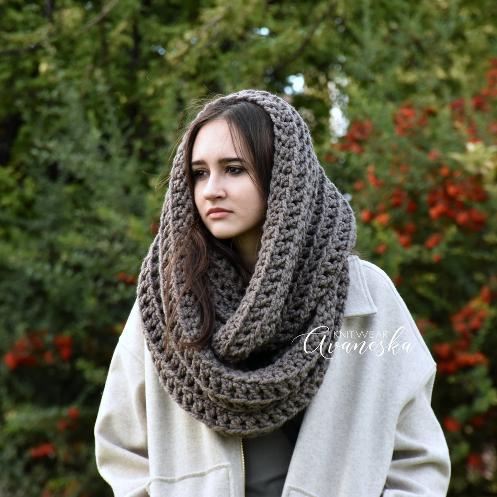 Chunky woman's hand crocheted oversized loop infinity scarf in a soft wool blend 