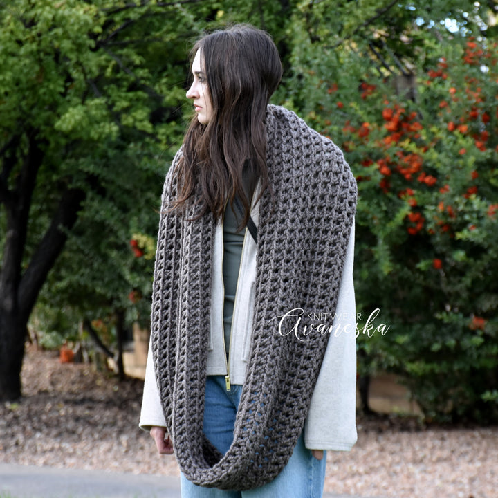 Chunky woolen oversized infinity scarf crocheted for fall and winter layering