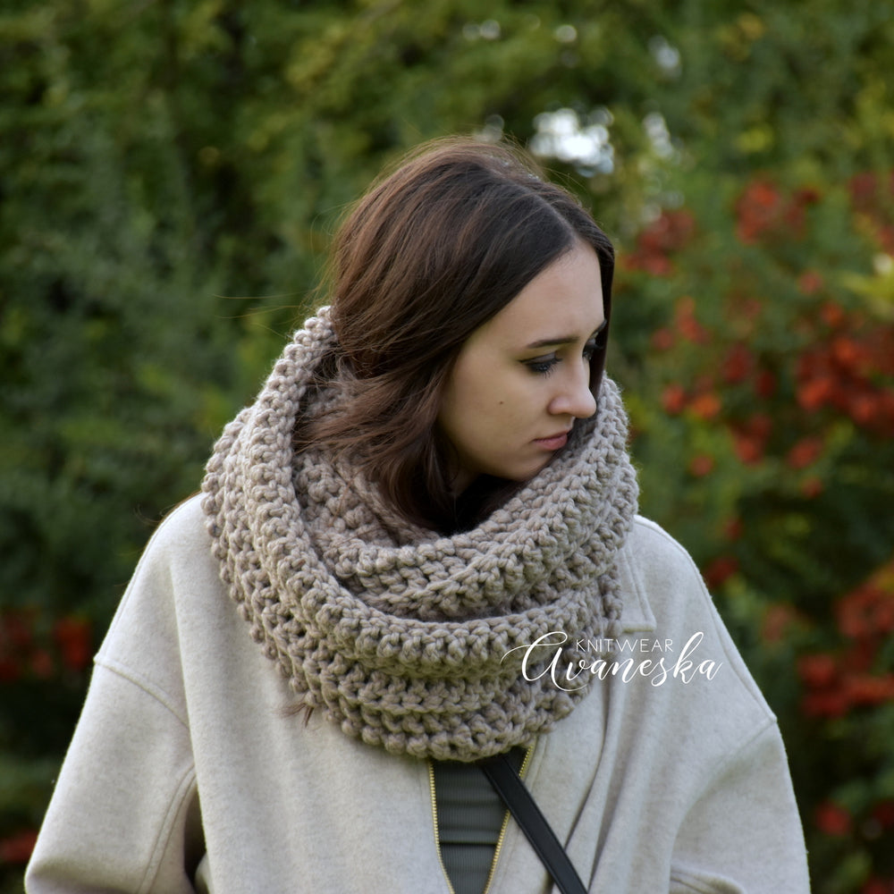 Men's women's beige hand crocheted loop infinity scarf in a warm wool blend for fall and winter
