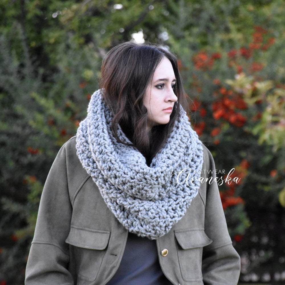 Men's woman's bulky knit crochet soft wool blend loop snood scarf in gray for fall and winter layering