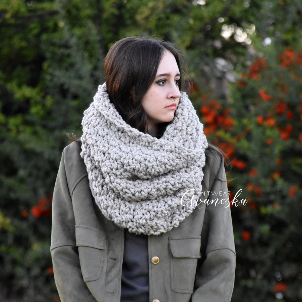 Large cozy handmade knitted crocheted beige knit crochet snood cowl scarf for men and women woolen fall winter