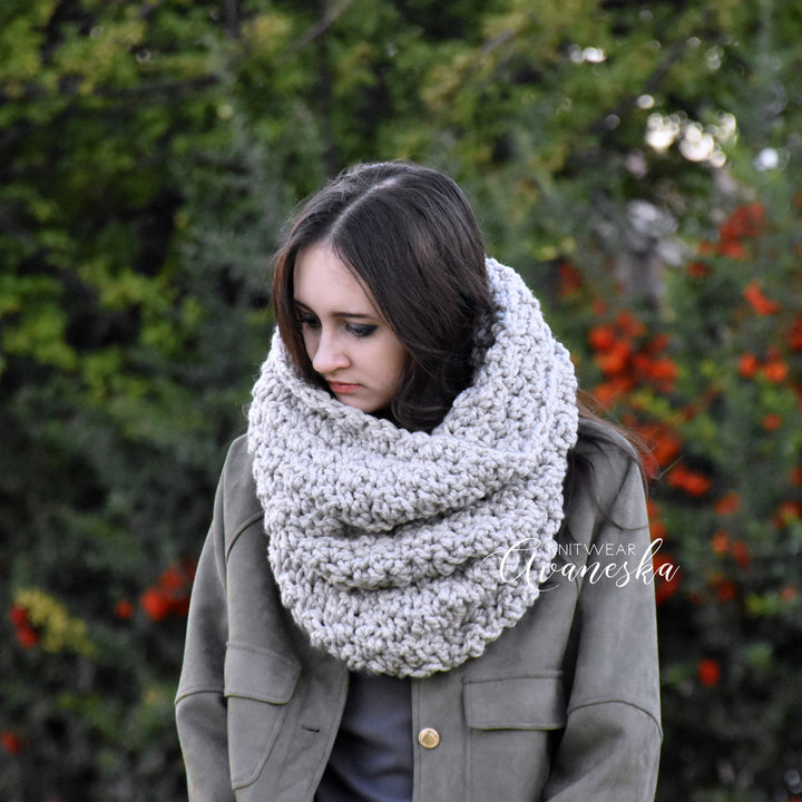 Beige wool snood circle scarf, hand knitted for women&
