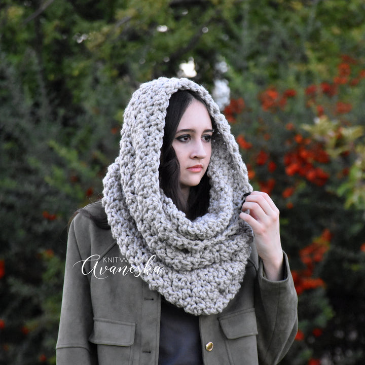 Oversized unisex woolen bulky knit hooded scarf in a soft wool blend