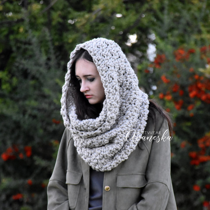 Handmade knit crochet wool blend snood hooded scarf, a chunky knitted scarf in custom colors