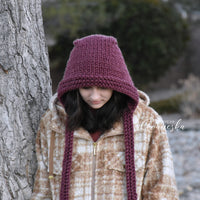 Purple multicolor hand knitted chunky hood hat with ties The Derby woolen winter women's