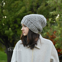 Gray hand knitted chunky slouchy hat The Daphne woolen winter women's