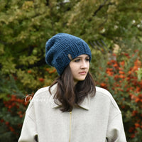 Blue hand knitted chunky extra slouchy hat The Emery woolen winter women's