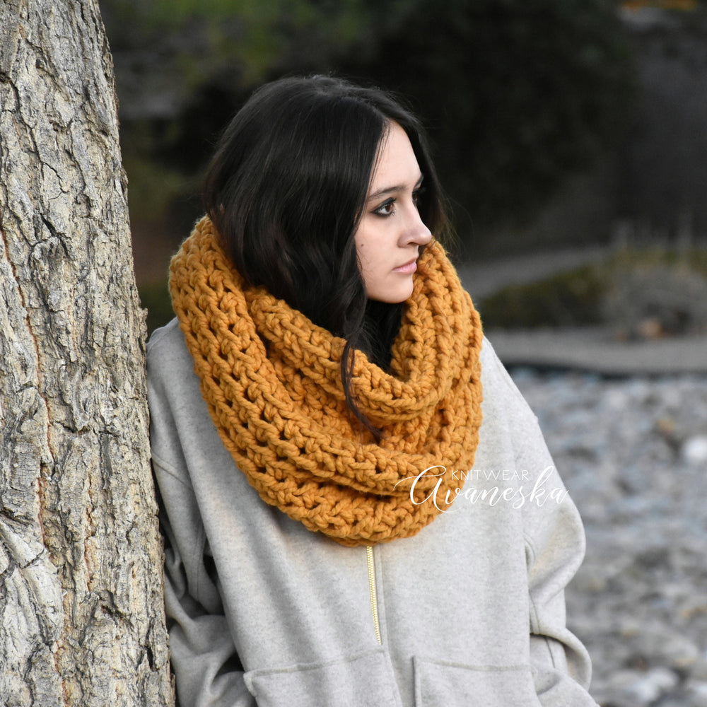Bulky yellow loop scarf hand knitted cozy woolen men fall