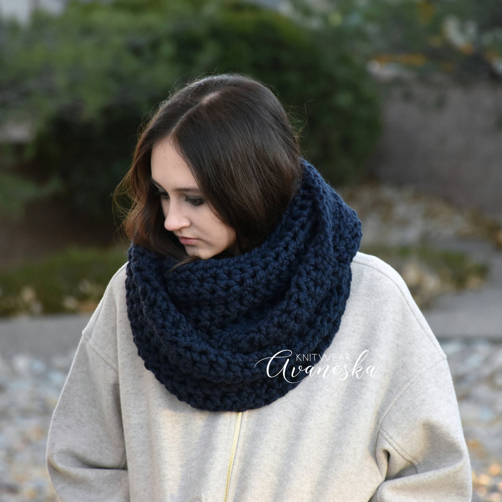 Cozy blue loop scarf hand crocheted bulky woolen men fall