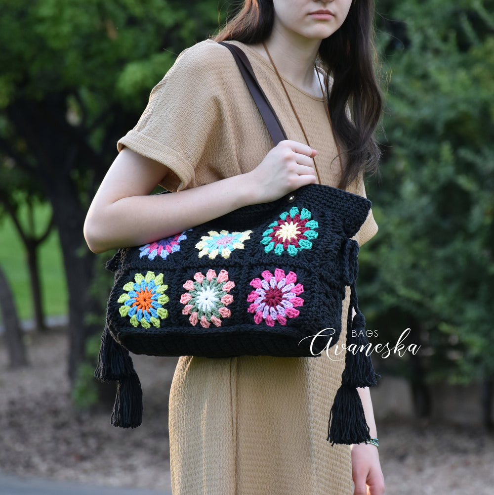 Handmade crochet granny square shoulder bag crafted from 100% cotton 