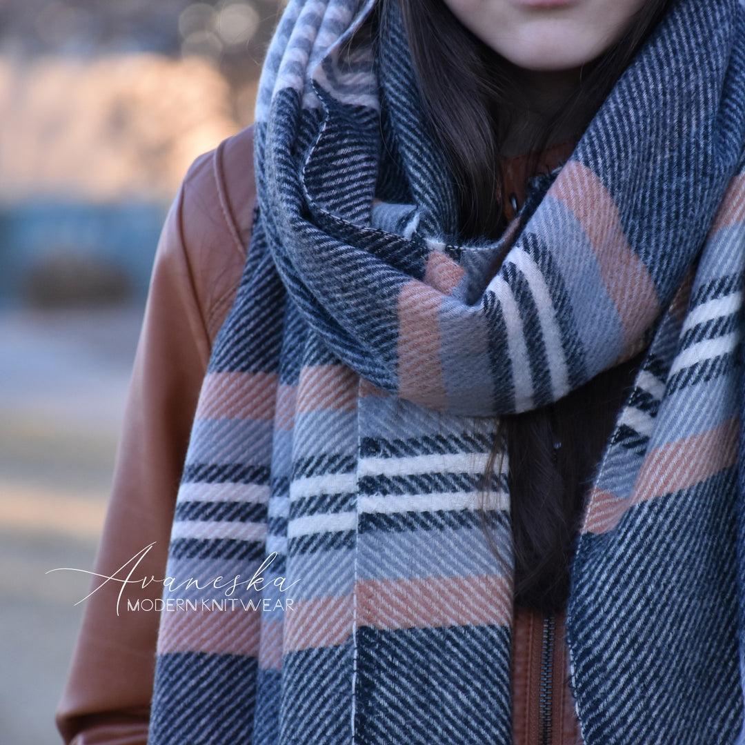 Gray Striped Fringed Scarf
