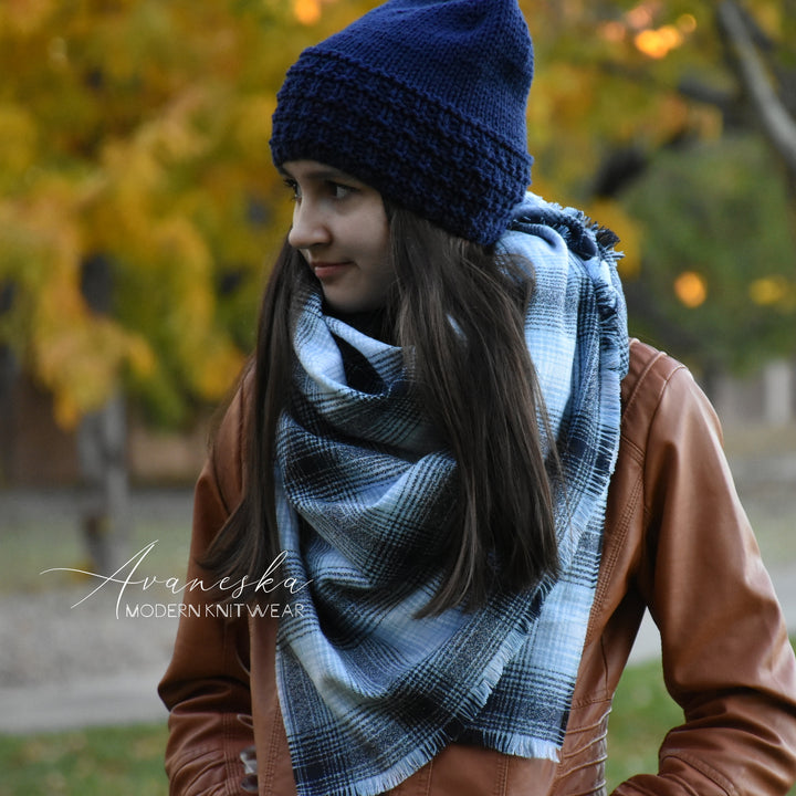 Large Flannel Soft Blue Plaid Fringed Blanket Scarf