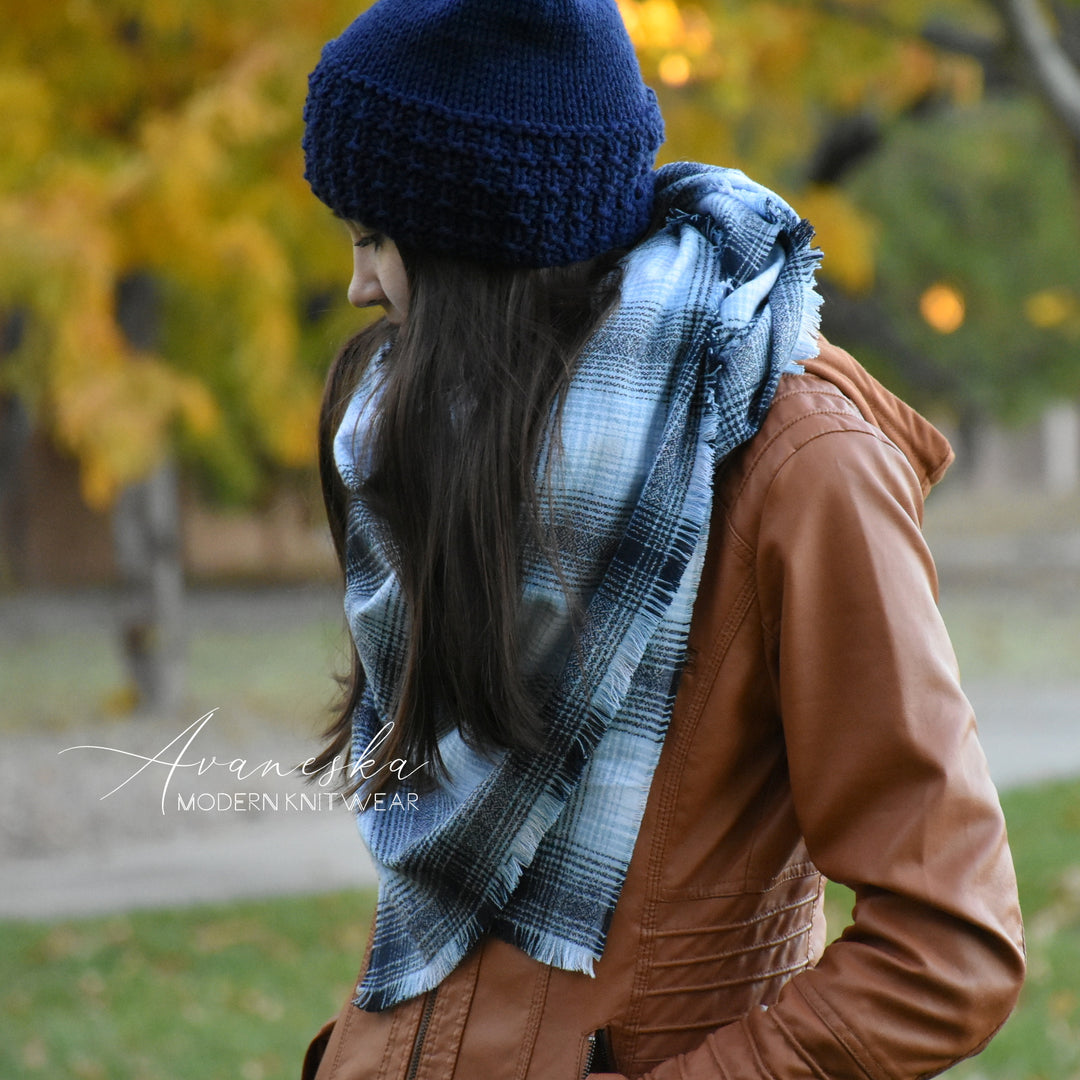 Large Flannel Soft Blue Plaid Fringed Blanket Scarf