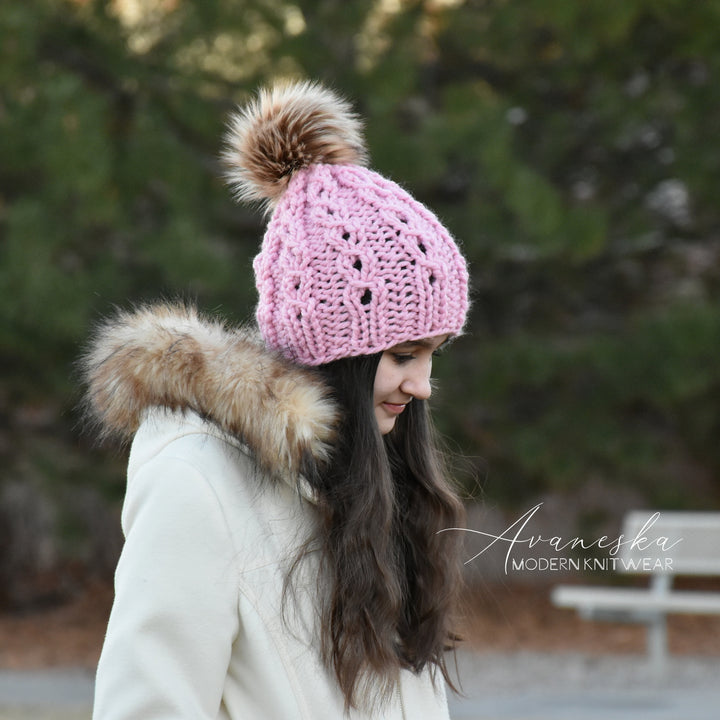Chunky Knit Fur Pom Pom Woolen Winter Slouchy Hat | THE JASMINE