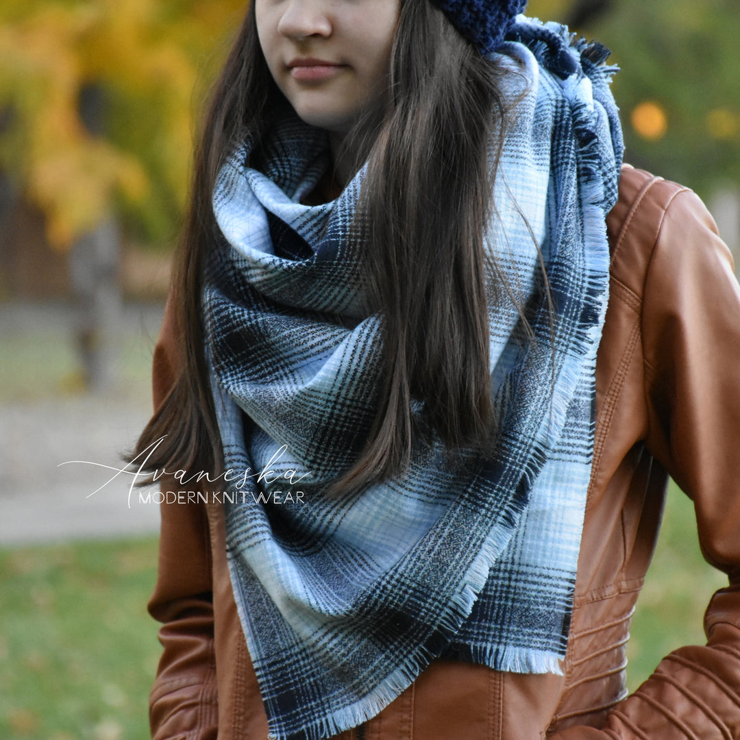 Large Flannel Soft Blue Plaid Fringed Blanket Scarf