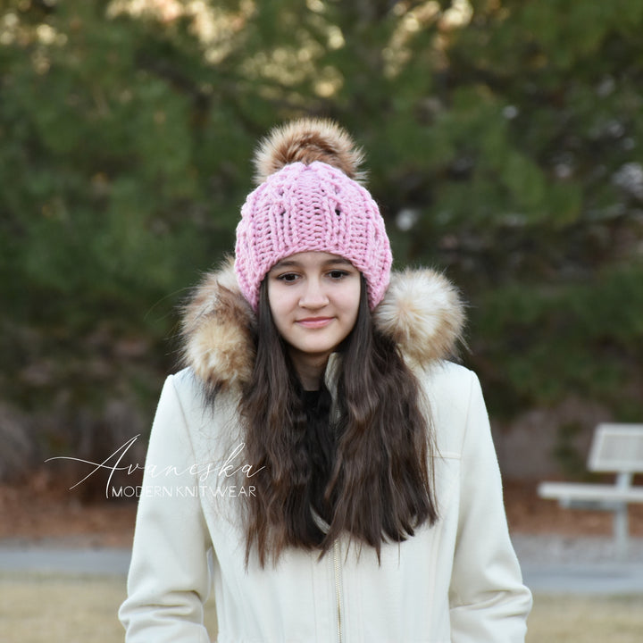 Chunky Knit Fur Pom Pom Woolen Winter Slouchy Hat | THE JASMINE