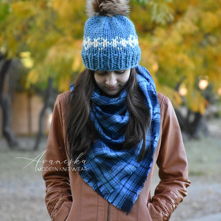 Large Flannel Blue Plaid Fringed Blanket Scarf