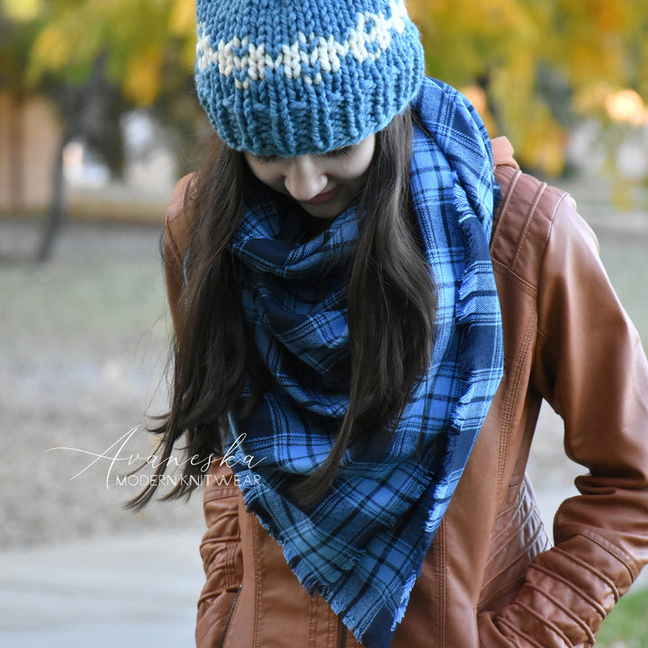 Large Flannel Blue Plaid Fringed Blanket Scarf
