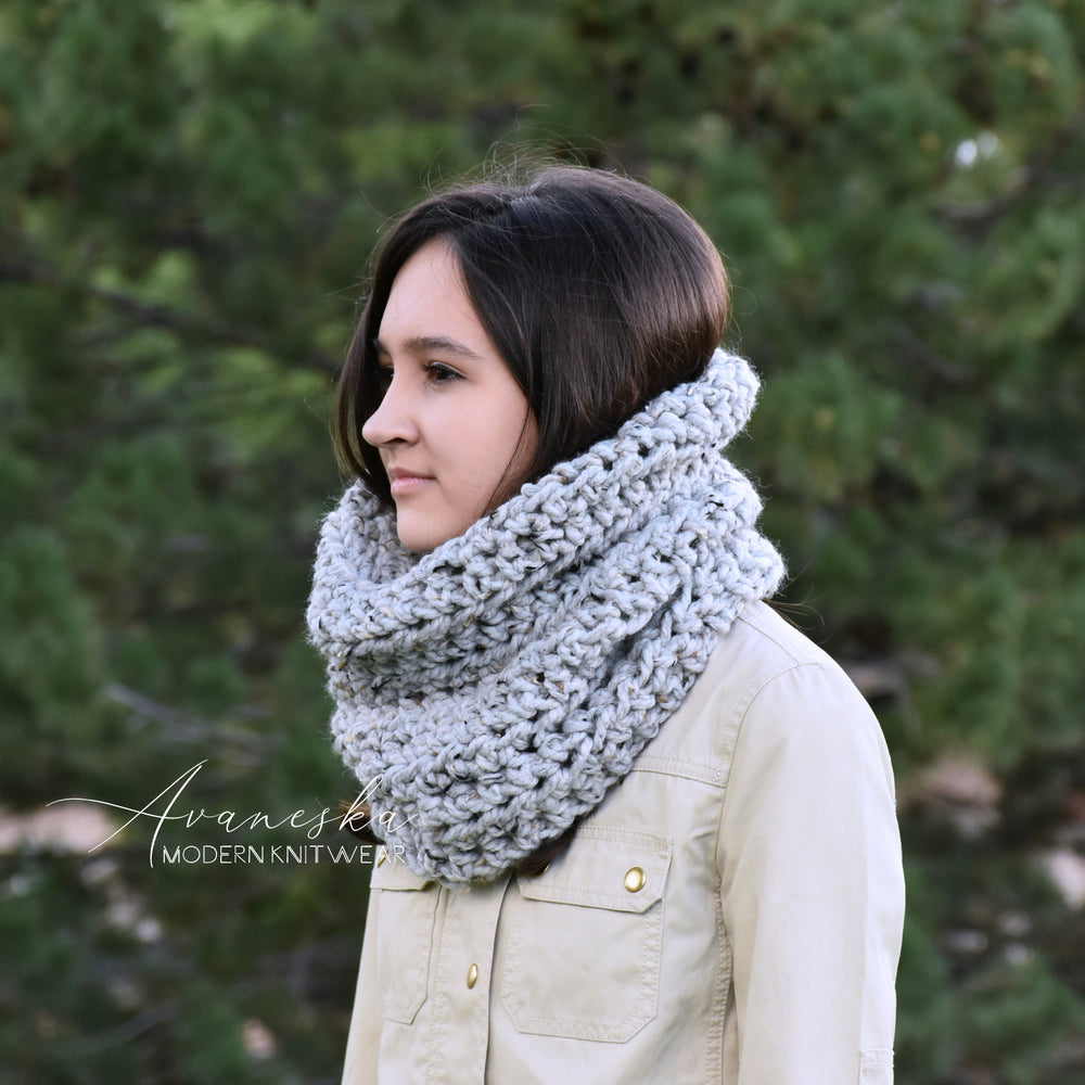 Bulky gray woolen snood hand crocheted cozy men fall
