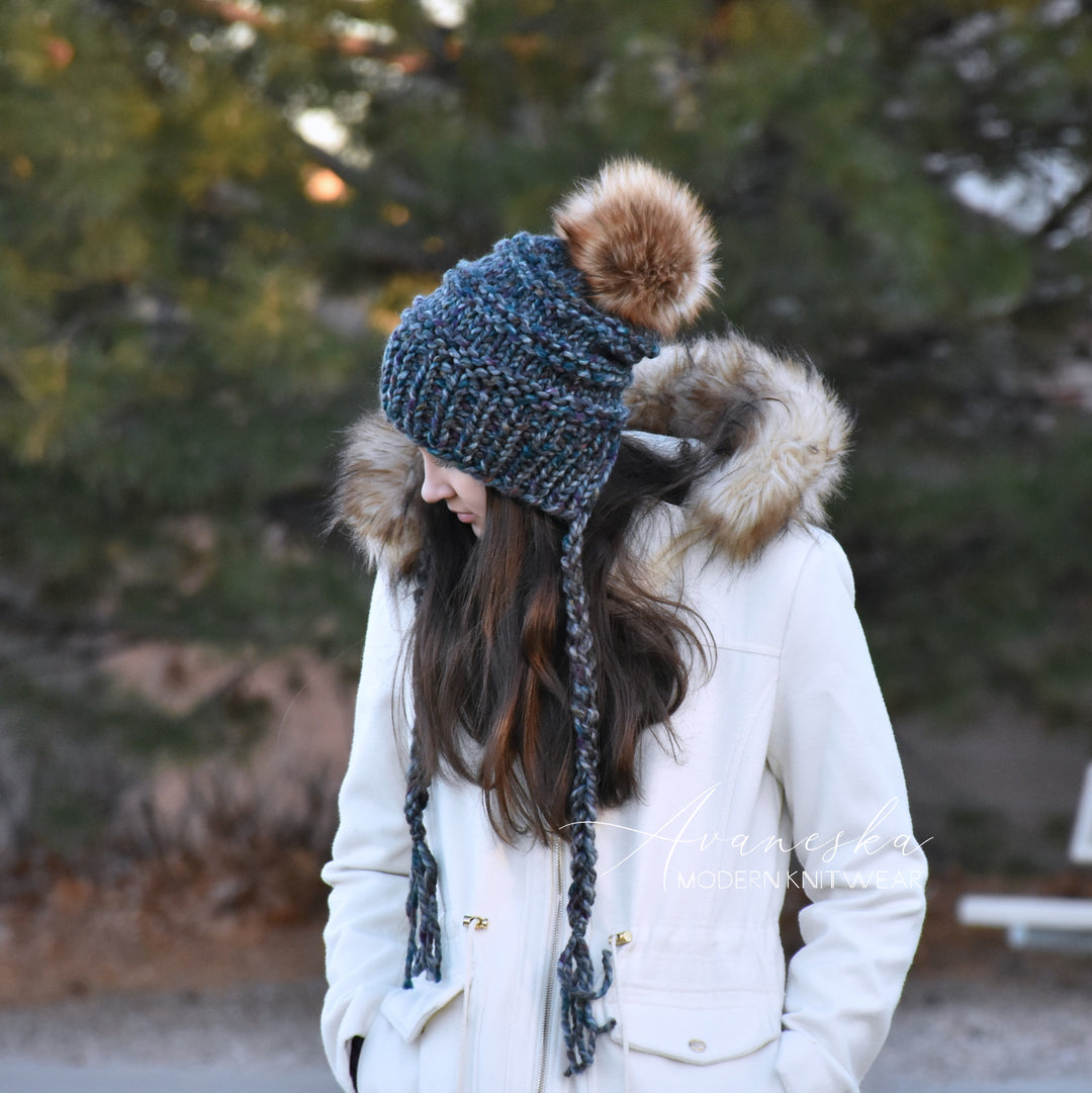 Knit Chunky Woolen Winter Bonnet Style Hat With Faux Fur Pom