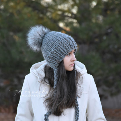 Knit Woolen Winter Bonnet Style Hat With Faux Fur Pom