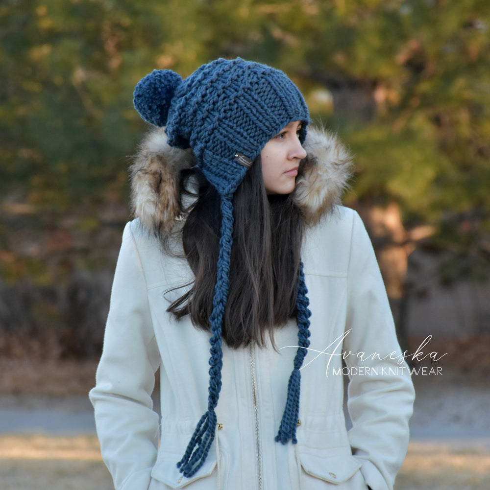 Knit Chunky Woolen Winter Bonnet Style Hat With Faux Fur Pom