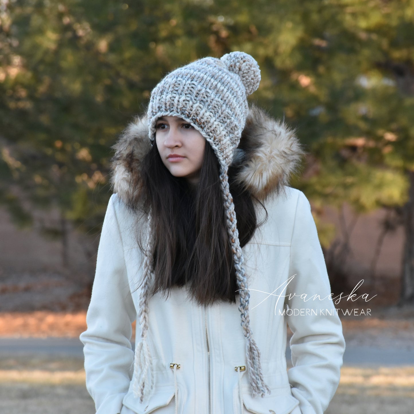 Knit Chunky Woolen Winter Bonnet Style Hat With Faux Fur Pom