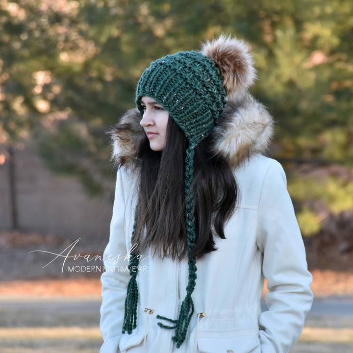 Knit Chunky Woolen Winter Bonnet Style Hat With Faux Fur Pom